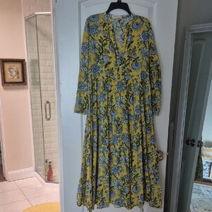 Beautiful Jane Valken Isolde Yellow, Blue, Olive Floral Print Cotton Dress Sz S
